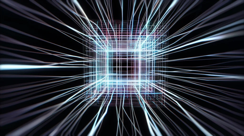 Visualizzazione astratta 3D di filamenti energetici luminosi che convergono verso una rete di sottili linee rette intersecanti all'interno di un volume sottilmente definito, obiettivo grandangolare, 15mm, messa a fuoco nitida, illuminazione controllata drammatica, senso di precisione matematica.