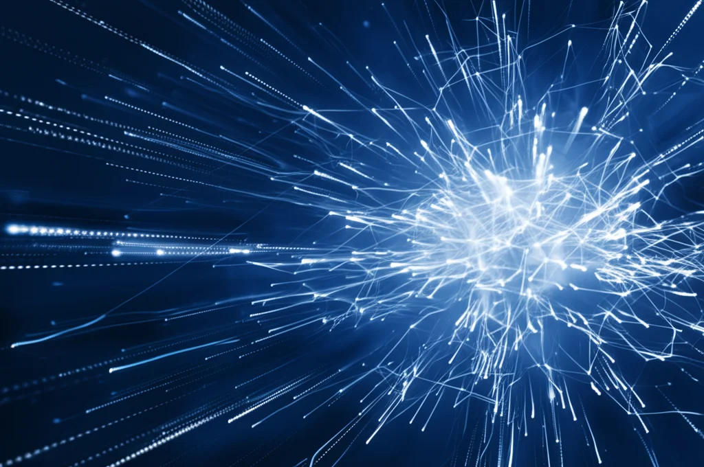 Visualizzazione astratta di linee di dati complesse e aggrovigliate (simbolo del pcVPC) che si trasformano gradualmente in linee chiare, ordinate e interpretabili (simbolo dell'rcVPC) su uno sfondo blu scuro. Obiettivo grandangolare 20mm, lunga esposizione per creare scie luminose dai dati, focus nitido sulla transizione da caos a ordine, colori blu e bianco duotone per un look scientifico e moderno.