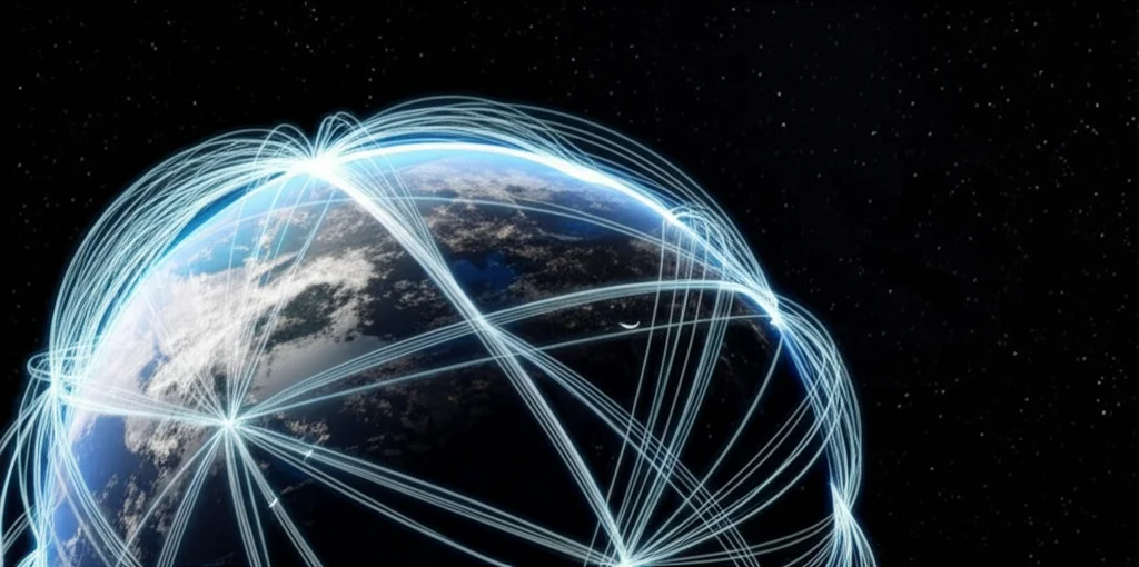Wide-angle, 10mm lens, sharp focus, long exposure: Una straordinaria visualizzazione fotorealistica della costellazione satellitare completa BDS-3 in orbita attorno alla Terra, interconnessa da vivaci link inter-satellite in banda Ka, enfatizzando la copertura globale e la comunicazione high-tech.