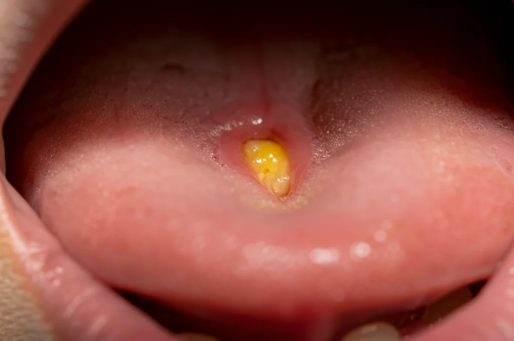 Primo piano macro di un'afta dolorosa all'interno della bocca di una persona, mucosa orale infiammata e arrossata attorno all'ulcera giallastra, illuminazione controllata per evidenziare i dettagli, obiettivo macro 100mm, alta definizione.