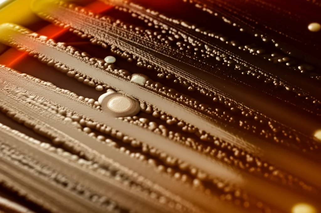 Immagine macrofotografica ad alta definizione di diverse colonie batteriche colorate e texturizzate su una piastra di Petri scura, illuminazione laterale controllata per enfatizzare i dettagli, obiettivo macro 100mm, messa a fuoco precisa su alcune colonie centrali.