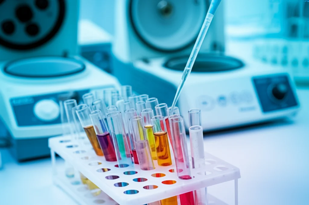 Fotografia di un laboratorio di biochimica, primo piano su diverse provette contenenti liquidi colorati e una pipetta che aggiunge un reagente, sfondo sfocato con strumentazione scientifica (centrifuga, spettrofotometro), obiettivo 50mm, profondità di campo ridotta.