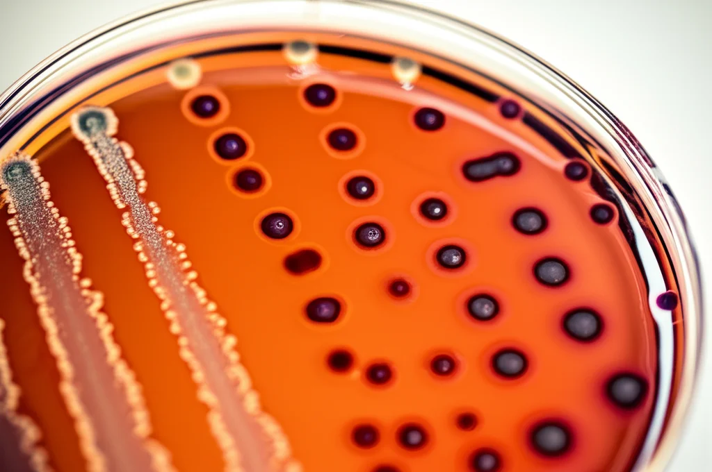 Macro fotografia, lente da 90 mm, che mostra colonie batteriche colorate che crescono su una piastra di agar cromogenica in una capsula di Petri in un ambiente di laboratorio ospedaliero, alti dettagli, illuminazione controllata, enfatizzando il tradizionale metodo di rilevamento dei CPE.