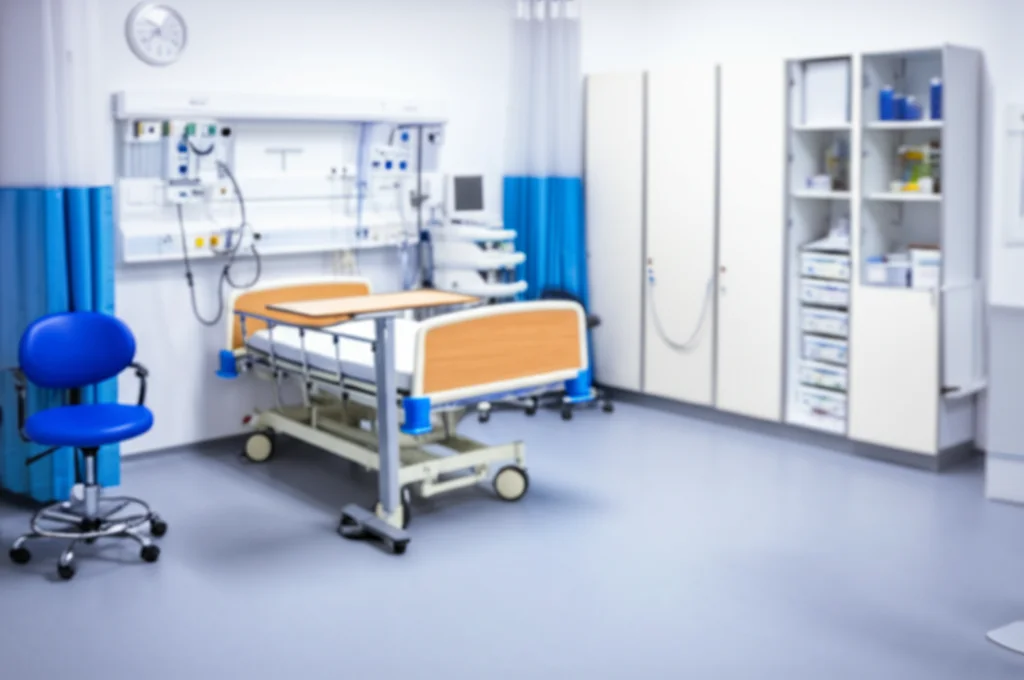 Scatto grandangolare, obiettivo da 20 mm, raffigurante una moderna sala di isolamento ospedaliero vuoto con un letto e attrezzature mediche, focus acuto, simboleggiando le implicazioni dei costi e delle risorse dell'isolamento del paziente in attesa dei risultati dei test.