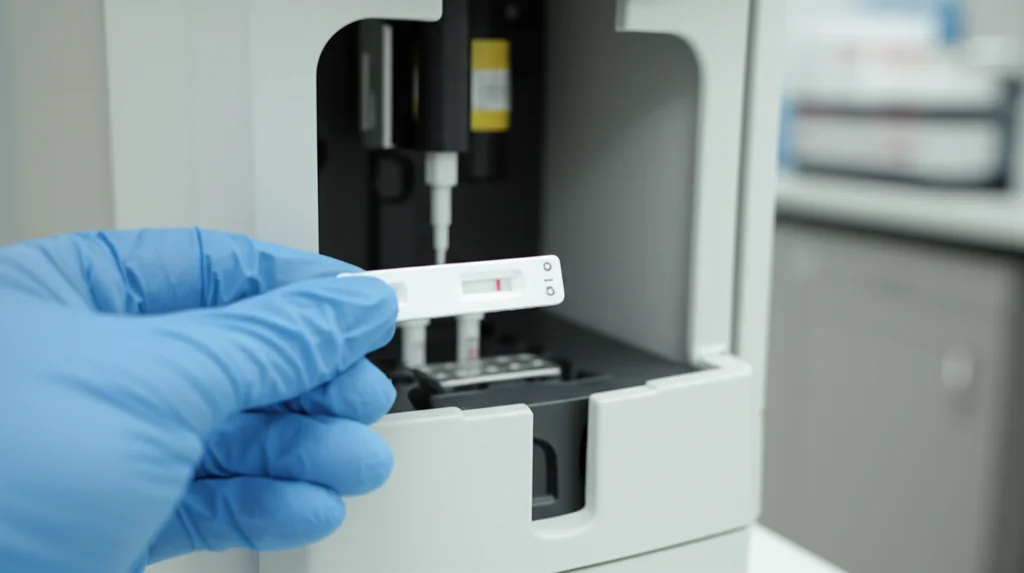 Fotografia a oggetti ravvicinati, lenti macro da 60 mm, concentrandosi su una cartuccia di test Xpert Carba-R gestita da una mano guantata vicino alla macchina di prova in un laboratorio, alti dettagli, messa a fuoco precisa, che rappresenta una tecnologia diagnostica molecolare rapida.