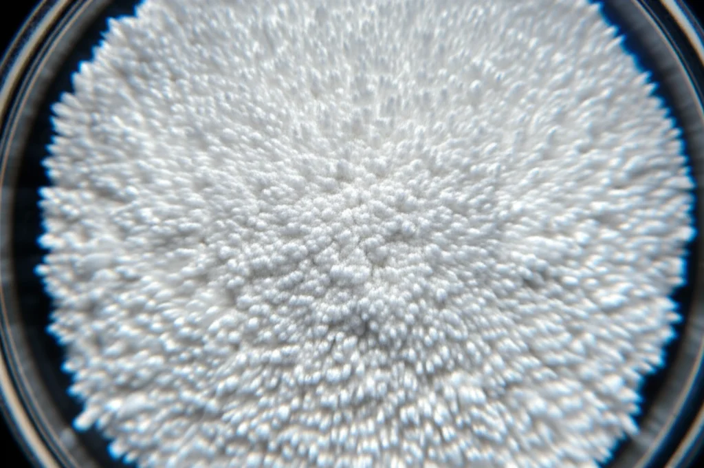 Fotografia macro di una polvere bianca finissima di zeolite MFI germanosilicata in un contenitore di vetro da laboratorio, messa a fuoco precisa sui cristalli, illuminazione da studio controllata, 100mm Macro lens, altissimo dettaglio.