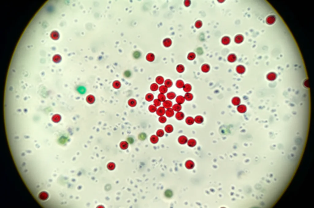 Vista macro (obiettivo 100mm) di uova di Schistosoma haematobium in un campione di urina sotto un microscopio. Alta definizione, messa a fuoco precisa, illuminazione da laboratorio.