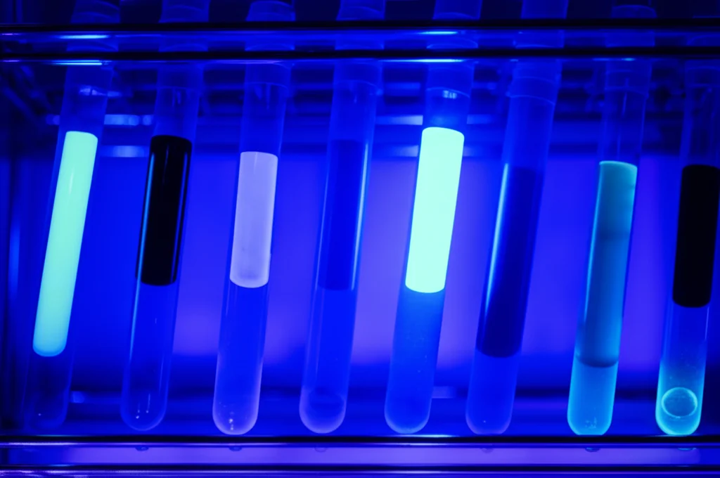 Primo piano macro (obiettivo 60mm) di provette di reazione RPA sotto una fonte di luce blu. Alcune provette brillano intensamente (positive), altre restano scure (negative). Alta definizione, illuminazione controllata, focus sulle provette luminose.