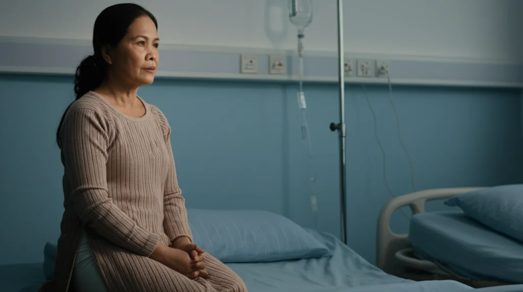 Fotografia di ritratto di una donna vietnamita di mezza età, caregiver, che sembra ponderata accanto a un letto d'ospedale, luce naturale morbida, lente primaria da 35 mm, profondità di campo, sottile peso emotivo. L'ambientazione suggerisce un momento tranquillo tra le esigenze di assistenza.