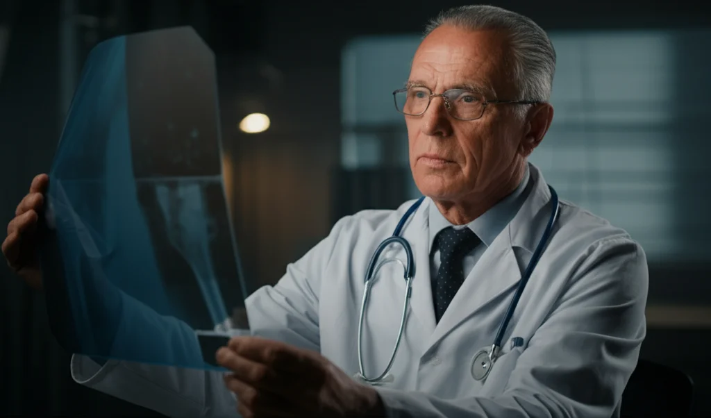 Fotografia realistica di un medico anziano che esamina la radiografia di una frattura d'anca, in un ambiente ospedaliero moderno e luminoso. Obiettivo prime 35mm, profondità di campo ridotta per focalizzare sull'espressione pensierosa del medico e sulla radiografia. Luce soffusa laterale.