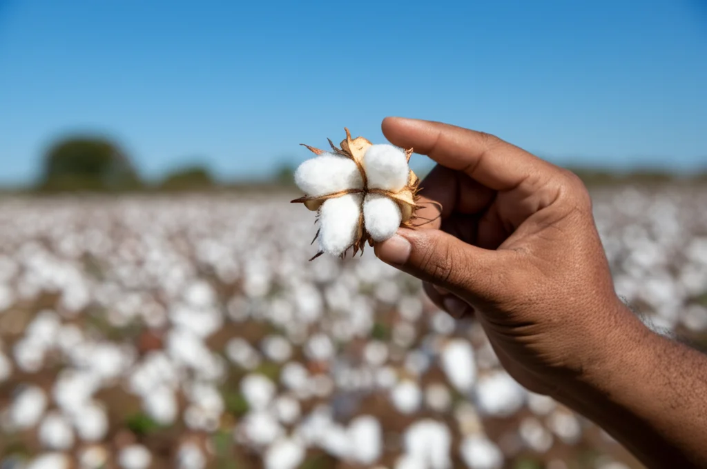 Fotografia realistica di una mano di agricoltore che tiene aperta una capsula di cotone matura e bianca, mostrando i semi all'interno. Sullo sfondo, un campo di cotone sfocato sotto un cielo sereno. Obiettivo prime 35mm, profondità di campo ridotta per focalizzare sulla mano e sulla capsula.