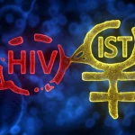 Immagine concettuale astratta con due filamenti luminosi intrecciati, uno rosso (simbolo HIV) e uno giallo (simbolo IST), su sfondo blu scuro digitale, illuminazione drammatica, obiettivo macro 100mm, alta definizione, simboleggiando la stretta e complessa connessione tra le due infezioni.