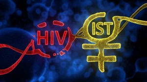 Immagine concettuale astratta con due filamenti luminosi intrecciati, uno rosso (simbolo HIV) e uno giallo (simbolo IST), su sfondo blu scuro digitale, illuminazione drammatica, obiettivo macro 100mm, alta definizione, simboleggiando la stretta e complessa connessione tra le due infezioni.