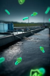 Immagine concettuale che mostra un flusso di acque reflue scure di un allevamento suino che entrano in un sistema di trattamento stilizzato (serbatoi anossico/ossico interconnessi) da cui emergono batteri Pseudomonas stilizzati con simboli luminosi di resistenza agli antibiotici (scudi) e del ciclo dell'azoto (simbolo N), obiettivo grandangolare 24mm, profondità di campo per mostrare chiaramente sia il flusso che i batteri in dettaglio, illuminazione drammatica.