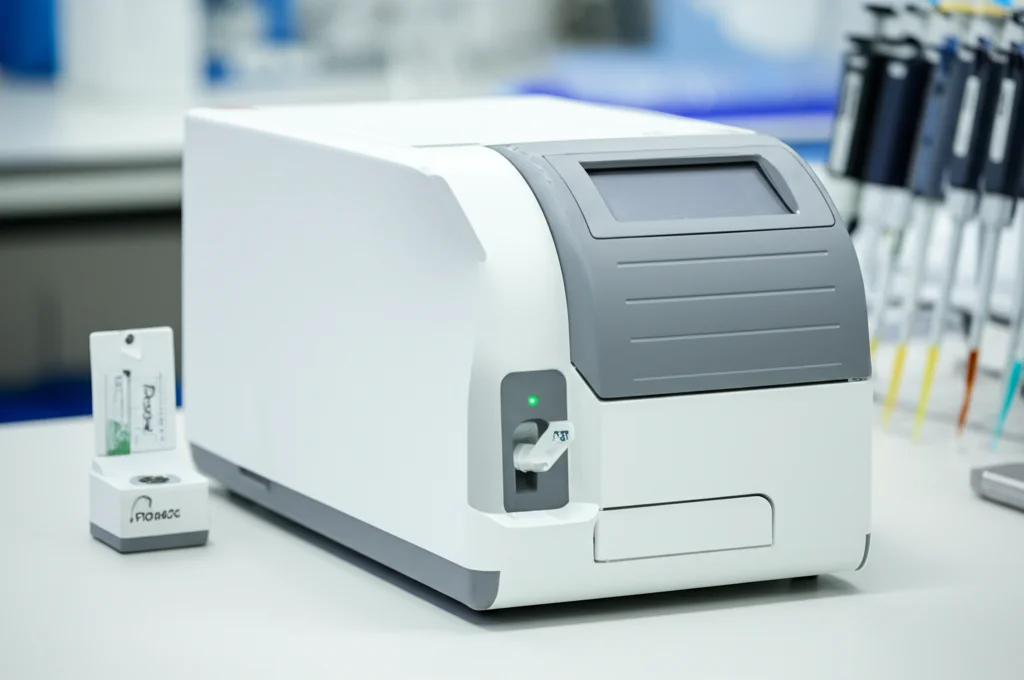 Immagine fotorealistica del sistema diagnostico POCT iPonatic compatto su un banco di laboratorio pulito e moderno. La macchina è bianca e grigia, con una cartuccia diagnostica monouso inserita nello slot frontale e una luce LED verde accesa che indica il funzionamento. Accanto al dispositivo, un contagocce quantitativo iPonatic. Obiettivo prime 35mm, profondità di campo ridotta che sfoca leggermente lo sfondo del laboratorio (pipette, provette), mettendo a fuoco il dispositivo. Illuminazione chiara e professionale.