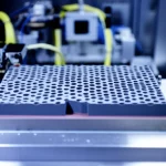 Immagine fotorealistica di una piastra intelligente FGM piezoelettrica con una struttura interna a schiuma simmetrica visibile attraverso una sezione tagliata, sottoposta a test di vibrazione termica in un ambiente di laboratorio, con sensori collegati. Lente prime 35mm, profondità di campo ridotta per focalizzare sulla struttura a schiuma, illuminazione controllata e professionale.