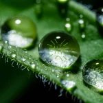 Macro fotografia di una foglia di Arabidopsis thaliana con gocce di rugiada che riflettono batteri microscopici stilizzati. L'illuminazione è laterale e controllata, creando ombre morbide e mettendo in risalto la texture della foglia. Lente macro 100mm, alta definizione, messa a fuoco precisa sulle gocce.
