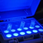 Primo piano macro (obiettivo 100mm) di un kit diagnostico portatile per la schistosomiasi, con provette di reazione illuminate da luce blu in un ambiente da campo o laboratorio semplice, alta definizione, illuminazione controllata, focus sulle provette.