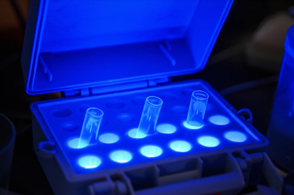 Primo piano macro (obiettivo 100mm) di un kit diagnostico portatile per la schistosomiasi, con provette di reazione illuminate da luce blu in un ambiente da campo o laboratorio semplice, alta definizione, illuminazione controllata, focus sulle provette.