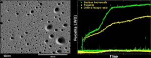 Sezione trasversale di un nucleo di arenaria compatta (tight sandstone) illuminata lateralmente per evidenziare la struttura dei pori, accanto a un grafico digitale che mostra i dati di porosità LWD in tempo reale. Lente macro 90mm, illuminazione controllata, alta definizione dei grani di sabbia e degli spazi interstiziali.