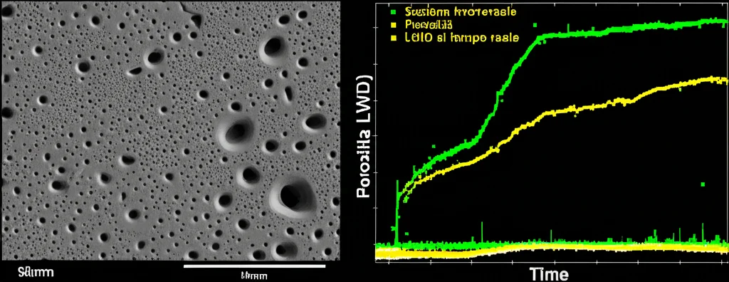 Sezione trasversale di un nucleo di arenaria compatta (tight sandstone) illuminata lateralmente per evidenziare la struttura dei pori, accanto a un grafico digitale che mostra i dati di porosità LWD in tempo reale. Lente macro 90mm, illuminazione controllata, alta definizione dei grani di sabbia e degli spazi interstiziali.