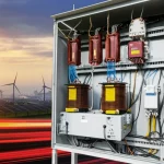 Un convertitore di potenza VSC moderno e compatto, collegato alla rete elettrica tramite un filtro LCL chiaramente visibile con i suoi induttori e condensatori. Sullo sfondo, un paesaggio al tramonto con pale eoliche e pannelli solari, simboleggiando l'integrazione delle rinnovabili. Fotografia wide-angle 15mm, long exposure per creare scie luminose che suggeriscono il flusso di energia pulita verso una città stilizzata all'orizzonte, focus nitido sull'elettronica di potenza in primo piano.