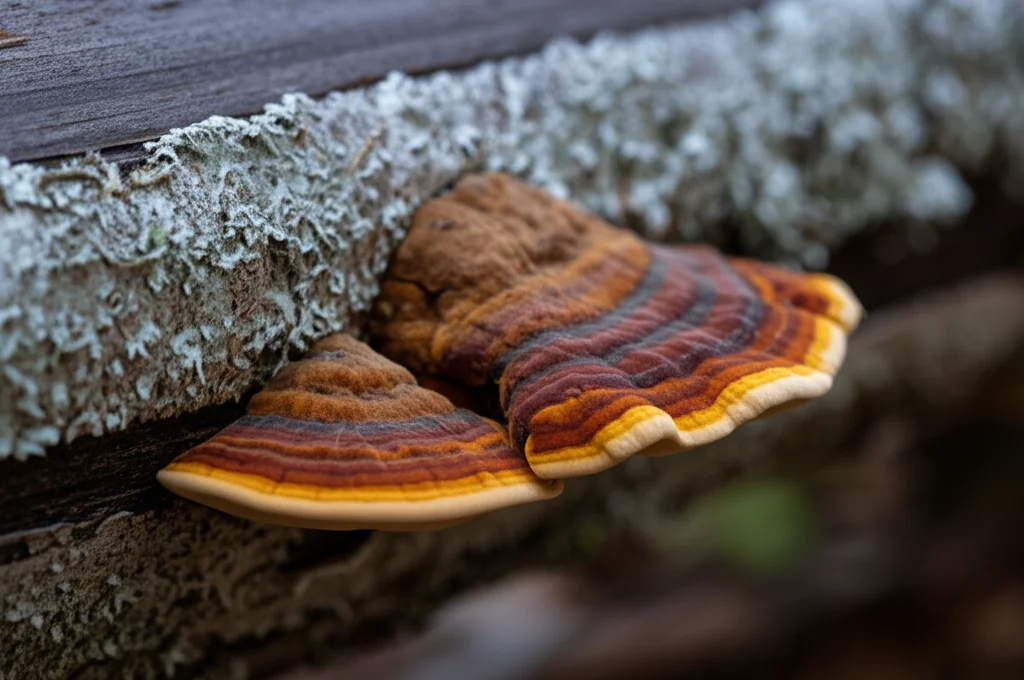 Un fungo polypore raro (es. Antrodia crassa) che fruttifica su un tronco di pino kelo caduto in una foresta boreale, macro lens 100mm, alta definizione, colori vivaci del fungo contro il legno argentato, luce naturale morbida, messa a fuoco selettiva sul fungo.