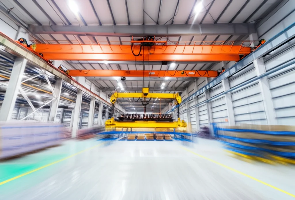 Vista dinamica di una moderna gru a ponte industriale in funzione all'interno di un magazzino high-tech, il carico sospeso mostra un'oscillazione minima, fotografia ad alta velocità con motion tracking, obiettivo teleobiettivo zoom 150mm, illuminazione industriale brillante.
