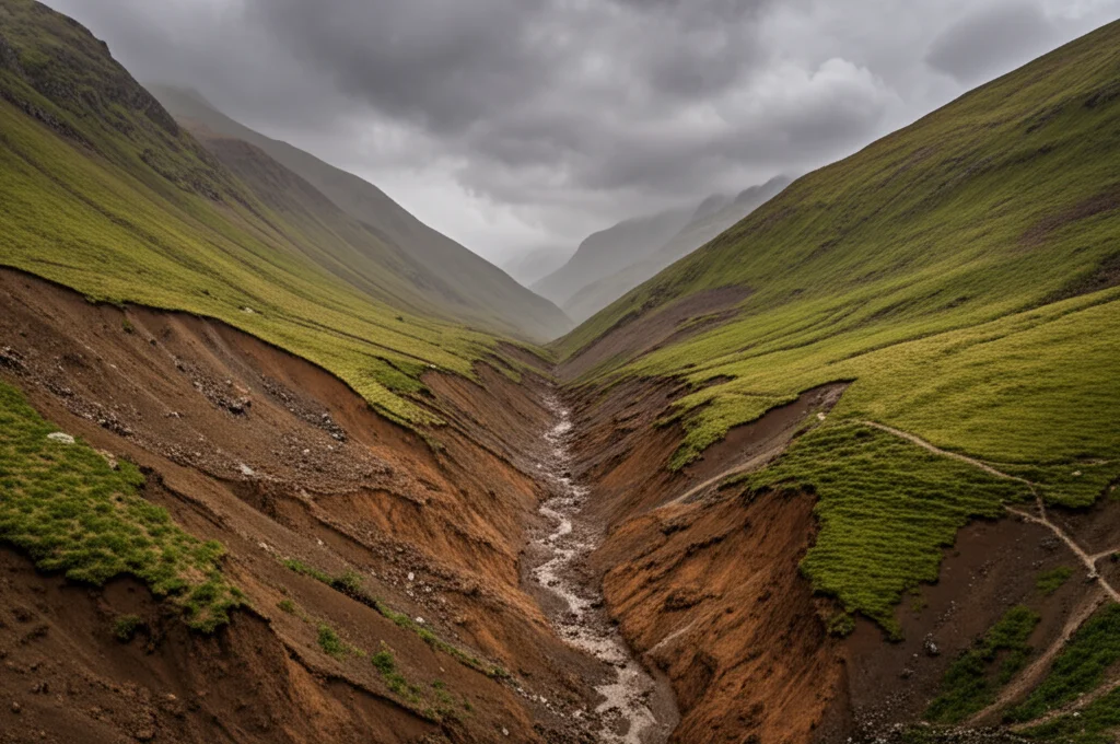 Fotografia paesaggistica grandangolare di un canalone alpino ripido dopo una forte pioggia, con segni evidenti di erosione e piccoli smottamenti lungo i versanti, cielo ancora nuvoloso. Obiettivo grandangolare 15mm, messa a fuoco nitida, luce drammatica del dopo-tempesta.