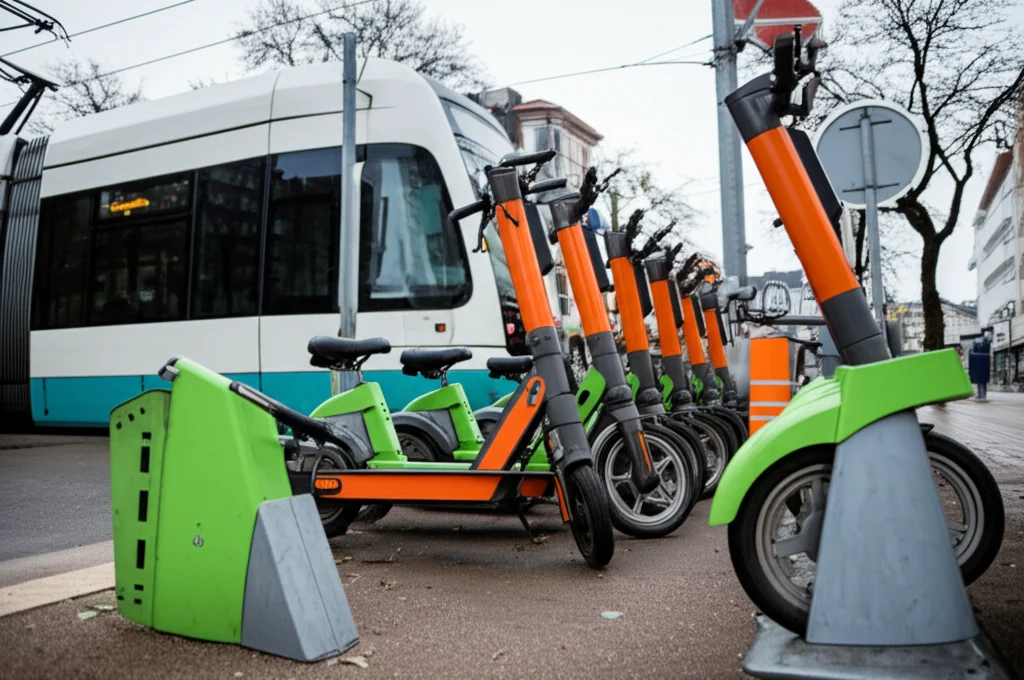 Immagine fotorealistica di un moderno tram cittadino che sfreccia silenzioso accanto a una stazione di bike sharing colorata con e-scooter ordinatamente parcheggiati. La scena è vista da un angolo basso a livello stradale, catturata con un obiettivo 35mm che crea una leggera profondità di campo, sotto la luce morbida e diffusa di un pomeriggio nuvoloso.