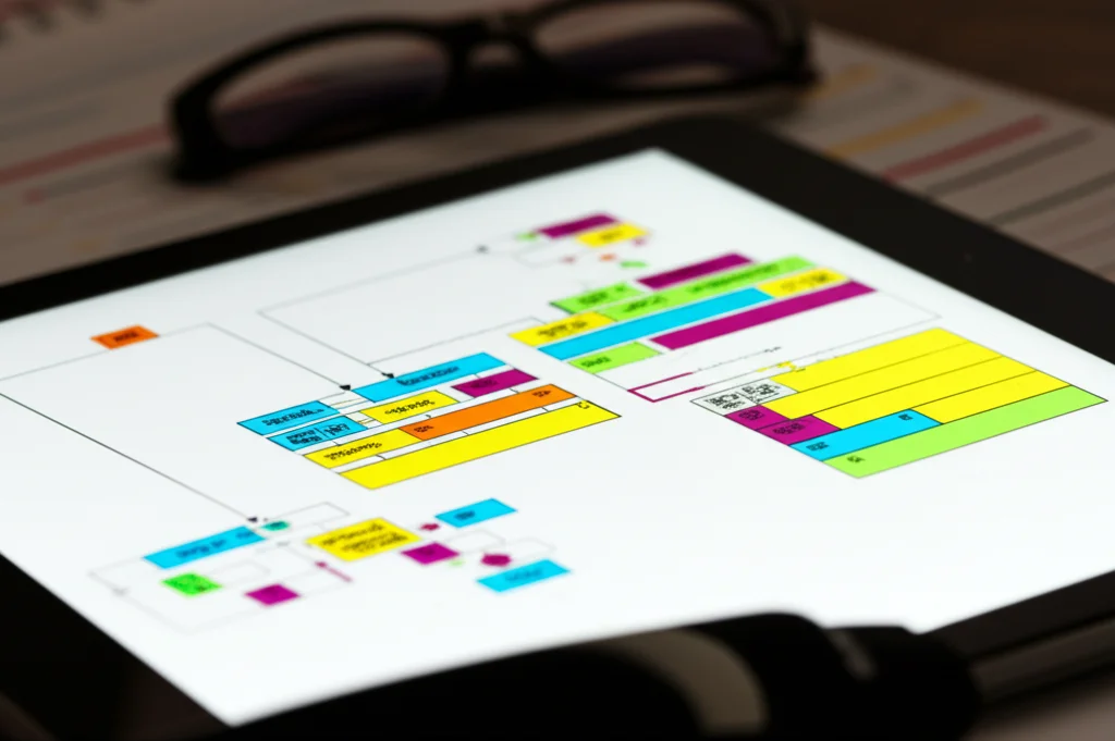 Fotografia macro ad alta definizione di uno schermo di tablet appoggiato su una scrivania da ufficio. Lo schermo mostra complessi diagrammi di flusso colorati rappresentanti l'architettura d'impresa per l'integrazione di servizi di mobilità urbana. L'illuminazione è controllata e focalizzata sullo schermo, catturata con un obiettivo macro da 100mm per evidenziare i dettagli dei diagrammi.