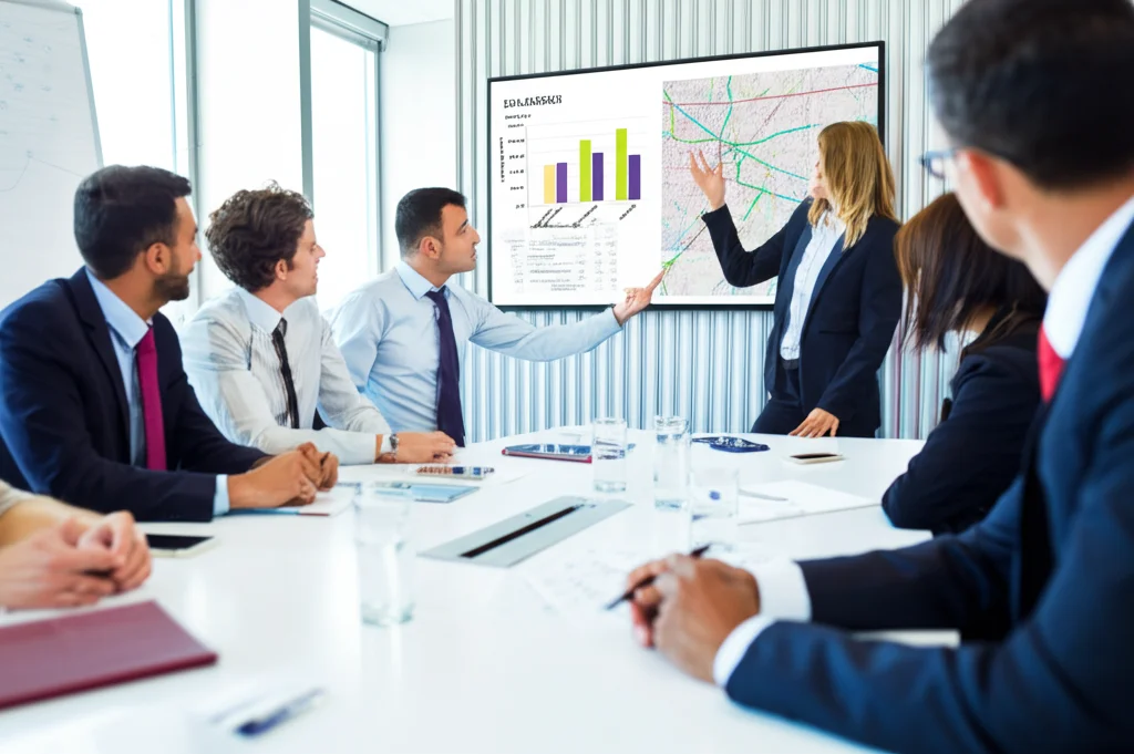 Foto grandangolare scattata con un obiettivo da 24mm all'interno di una moderna e luminosa sala riunioni. Diversi esperti di mobilità, uomini e donne di varie età, sono seduti attorno a un tavolo e discutono animatamente, indicando uno grande schermo sulla parete che mostra grafici complessi e mappe sull'integrazione dei trasporti urbani. La messa a fuoco è nitida su tutta la scena, illuminata da luce ambientale interna ben bilanciata.