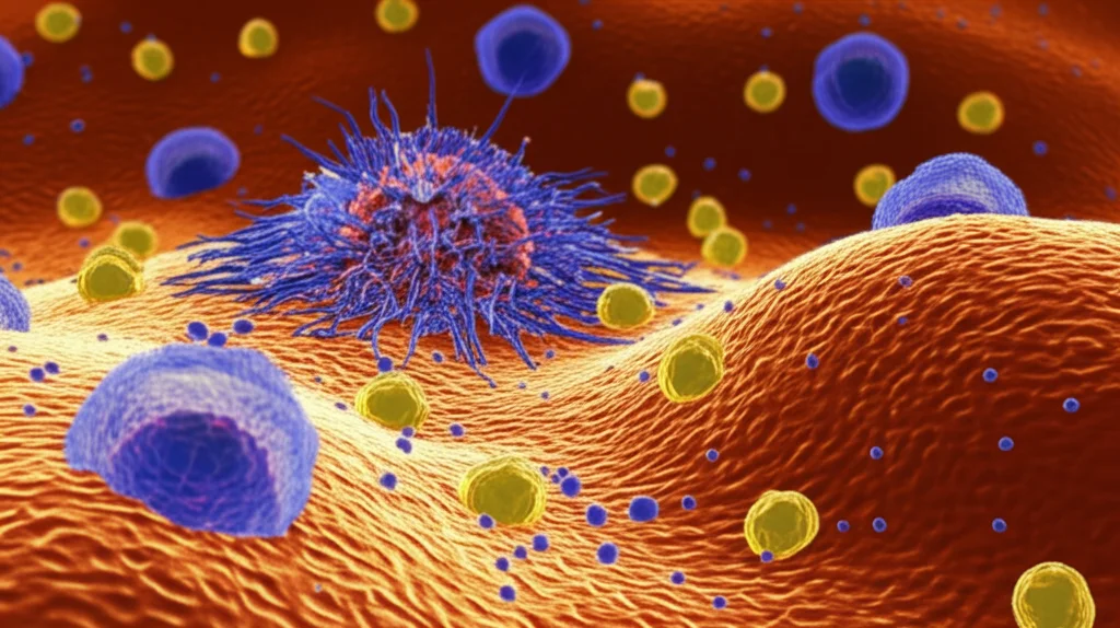 Macro fotografia ad alto dettaglio di cellule immunitarie umane, come linfociti T e macrofagi, che interagiscono. Obiettivo macro 100mm, illuminazione da studio controllata per evidenziare le strutture cellulari, focus preciso sulle interazioni cellulari.