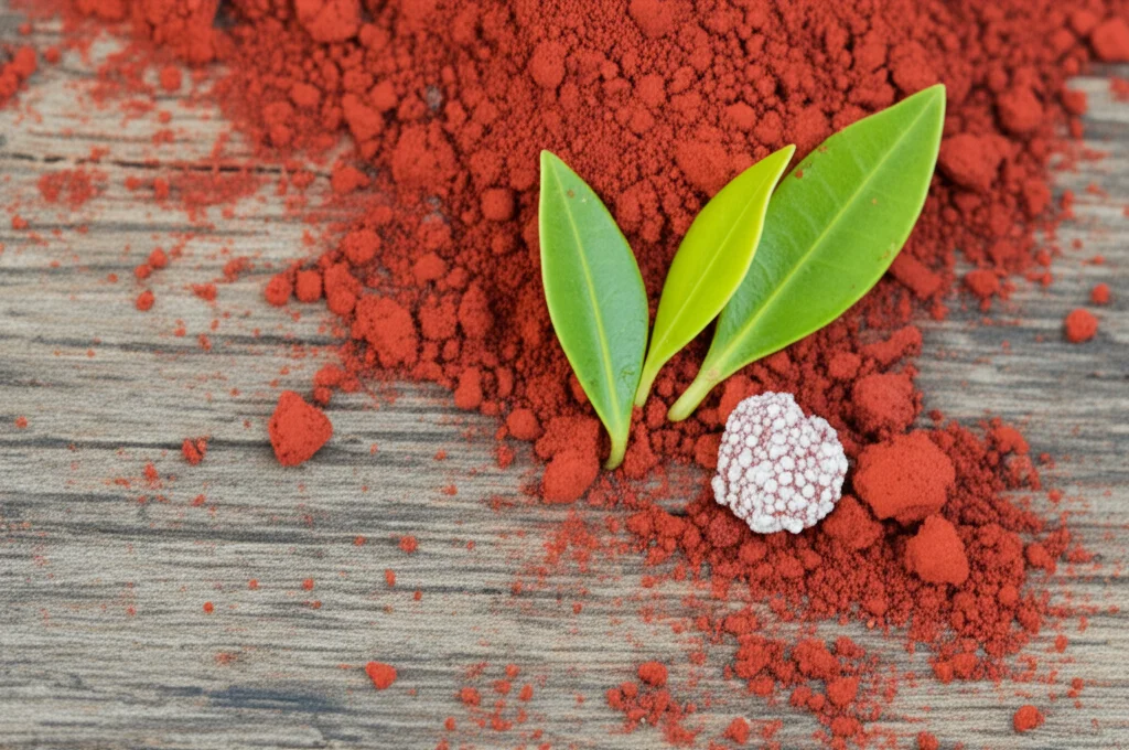 Macro fotografia, lente 85mm, di un campione di vibrante terra rossa dell'isola di Hormoz accanto a foglie verdi fresche della mangrovia Avicennia marina su una superficie di legno grezzo, luce naturale controllata, alta definizione, messa a fuoco precisa sugli elementi naturali usati per la biosintesi.