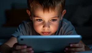 Bambino che guarda intensamente uno schermo di tablet da vicino, con un leggero riflesso bluastro sul viso. Obiettivo macro 60mm, alta definizione, messa a fuoco sugli occhi, luce ambientale soffusa per enfatizzare lo schermo. Stile fotorealistico.