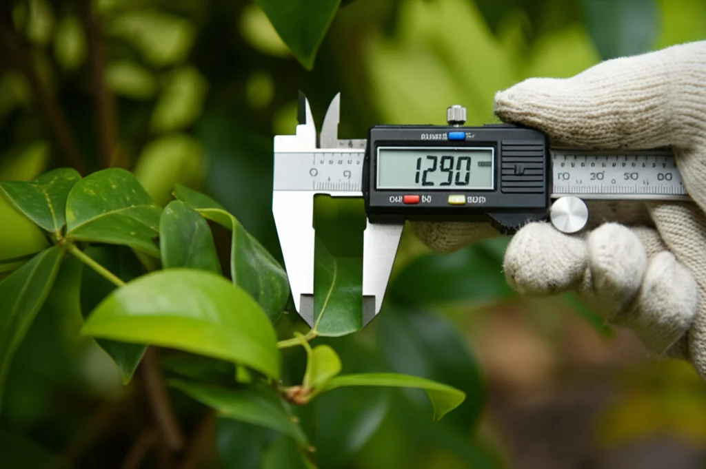 Close-up macro shot di una mano guantata che misura delicatamente lo spessore di una foglia verde brillante di un albero in un giardino botanico, usando un calibro digitale, 100mm Macro lens, high detail, precise focusing, controlled lighting, simboleggiando la valutazione scientifica non distruttiva delle specie arboree per ambienti urbani.