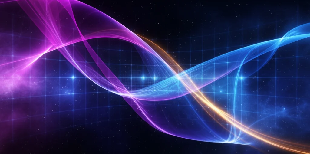 Concetto artistico fotorealistico di uno spaziotempo quantistico in sovrapposizione, visualizzato come due tessuti cosmici semitrasparenti e fluttuanti (uno bluastro, uno violaceo) che si intersecano e si fondono. Linee luminose simili a griglie rappresentano coordinate quantistiche che cambiano forma e colore passando da un tessuto all'altro. Stile astronomico, wide-angle 10mm, long exposure per scie luminose, colori cosmici intensi (viola, blu profondo, accenni dorati), sharp focus sulle intersezioni.