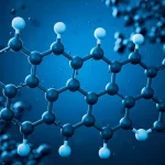 Fotografia macro, lente 100mm, di una complessa struttura molecolare di uno zucchero (glicoside) illuminata da una luce blu soffusa su uno sfondo scuro da laboratorio, con particelle di ferro visibili nelle vicinanze, alta definizione, illuminazione controllata, messa a fuoco precisa.