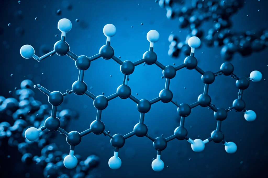 Fotografia macro, lente 100mm, di una complessa struttura molecolare di uno zucchero (glicoside) illuminata da una luce blu soffusa su uno sfondo scuro da laboratorio, con particelle di ferro visibili nelle vicinanze, alta definizione, illuminazione controllata, messa a fuoco precisa.