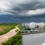 Fotografia paesaggistica wide-angle, 10mm lens, che mostra un contrasto drammatico: metà immagine raffigura un bacino idrografico non sviluppato con vegetazione naturale, un fiume sinuoso e terreno permeabile; l'altra metà mostra un'area pesantemente urbanizzata con edifici fitti, strade asfaltate e cemento, sotto un cielo tempestoso. Messa a fuoco nitida su tutto il paesaggio, lunga esposizione per rendere l'acqua del fiume e le nuvole più fluide.