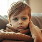 Fotografia ritratto di un bambino piccolo (circa 3-4 anni) con un'espressione leggermente malinconica, avvolto in una coperta calda sul divano di casa, luce soffusa invernale dalla finestra, obiettivo 50mm, profondità di campo ridotta, colori caldi e leggermente desaturati.