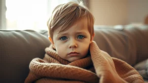 Fotografia ritratto di un bambino piccolo (circa 3-4 anni) con un'espressione leggermente malinconica, avvolto in una coperta calda sul divano di casa, luce soffusa invernale dalla finestra, obiettivo 50mm, profondità di campo ridotta, colori caldi e leggermente desaturati.