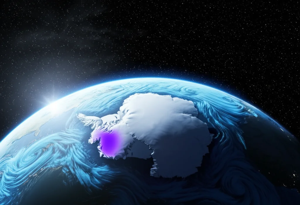Immagine suggestiva del pianeta Terra visto dallo spazio, con l'Antartide in primo piano dove è visibile una rappresentazione stilizzata del buco dell'ozono in viola/blu, e delle correnti oceaniche blu fredde che si estendono dall'Oceano Meridionale verso il Pacifico tropicale orientale. La luce solare illumina parzialmente il pianeta. Obiettivo grandangolare 10mm, lunga esposizione per nuvole soffici, messa a fuoco nitida sul pianeta, colori vibranti ma realistici.