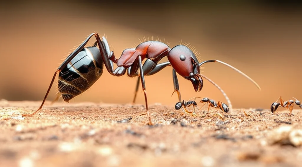 Macro fotografia, 90mm lens, di diverse specie di formiche interagiscono sul suolo della foresta in Australia, alta definizione, messa a fuoco precisa, illuminazione naturale controllata, mostrando sia formiche grandi dominanti che più piccole, evidenziando la ridondanza e la complementarità funzionale.