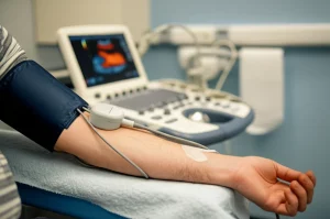 Primo piano di un bracciale per la misurazione della pressione applicato al braccio di una persona, con un ecografo nelle vicinanze che mostra un'immagine del flusso sanguigno. Ambiente di laboratorio medico, illuminazione controllata, obiettivo prime 35mm, profondità di campo ridotta per mettere a fuoco il bracciale.