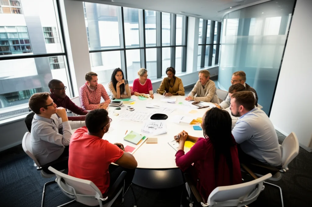 Una sala conferenze moderna e luminosa, vista grandangolare, con diverse persone di etnie e età varie che discutono animatamente attorno a un tavolo rotondo pieno di appunti, simboleggiando la collaborazione scientifica e lo scambio di idee promossi da McMahon. Obiettivo 24mm, luce naturale diffusa dalle finestre.