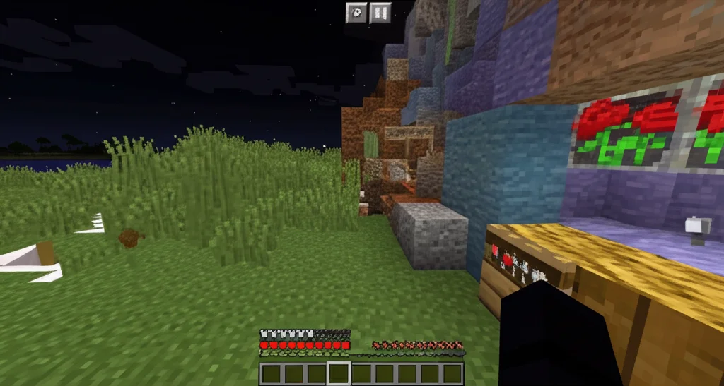 Vista immersiva in prima persona all'interno dell'ambiente virtuale Minecraft usato per l'esperimento sul foraggiamento collettivo, obiettivo prime 35mm, luce ambientale controllata, alto dettaglio sui blocchi di risorse.