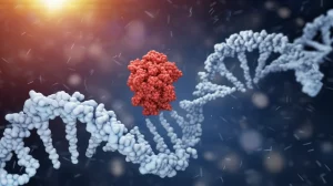 Visualizzazione 3D fotorealistica del meccanismo molecolare nel cancro del colon-retto: la proteina DDX21 (in rosso acceso) interagisce competitivamente con SIRT7 (in blu freddo) vicino a un filamento di DNA/cromatina, influenzando l'espressione di NAT10 e la modifica ac4C sull'mRNA (filamento stilizzato sullo sfondo). Ambiente nucleare astratto con effetto bokeh. Obiettivo prime 50mm, profondità di campo, illuminazione drammatica.