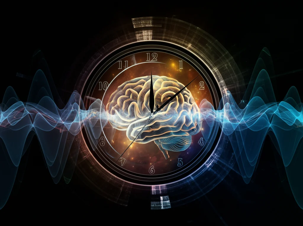 Visualizzazione artistica ma scientificamente accurata delle onde cerebrali durante la fase REM del sonno, con colori vivaci che rappresentano l'attività onirica, sovrapposta a un orologio stilizzato che simboleggia il ritmo circadiano e il concetto di cronotipo. Illuminazione drammatica, high detail, focus selettivo sulle onde REM.
