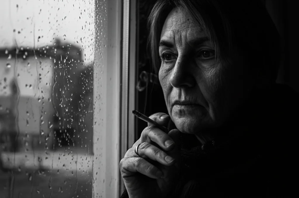 Fotografia di ritratto, 35mm, bianco e nero cinematografico (film noir). Una persona dall'aspetto vulnerabile (potrebbe suggerire basso SES o disagio psicologico) guarda fuori da una finestra in una giornata piovosa, una sigaretta spenta tra le dita. Profondità di campo che sfoca lo sfondo esterno. Contrasto elevato.